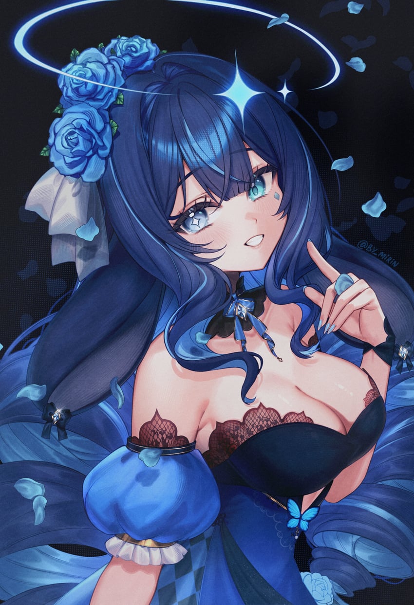 原创 1名女孩 露肩 黑色背景 蓝色连衣裙 蓝眼
