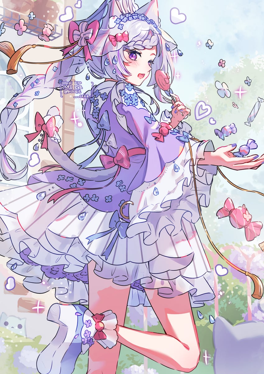 原创 1名女孩 兽耳 蓝色鞋子 辫子 糖果