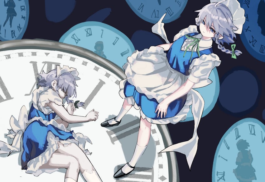 东方Project、东方迷途笛、十六夜咲夜 1名女孩 围裙 黑鞋 蓝眼 辫子