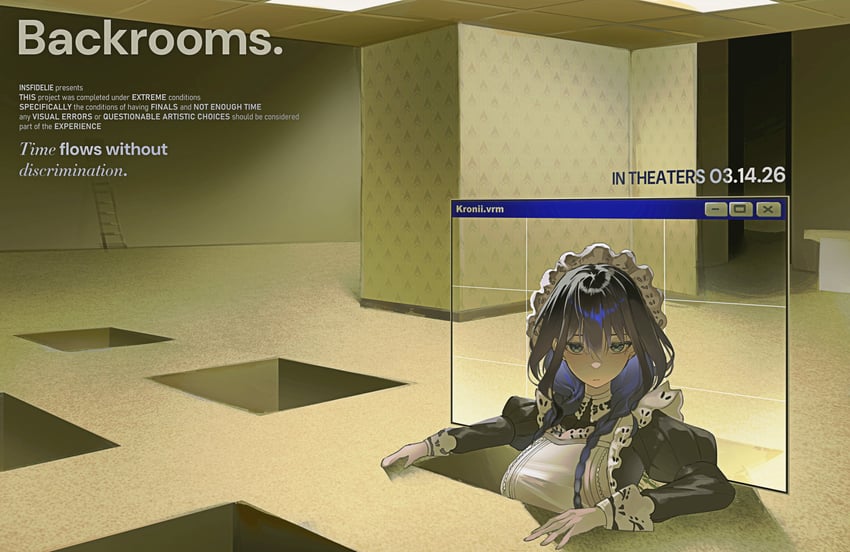 backrooms (2026 film)、后室 (都市传说)、Hololive 围裙 黑色连衣裙 蓝眼 蓝发 辫子