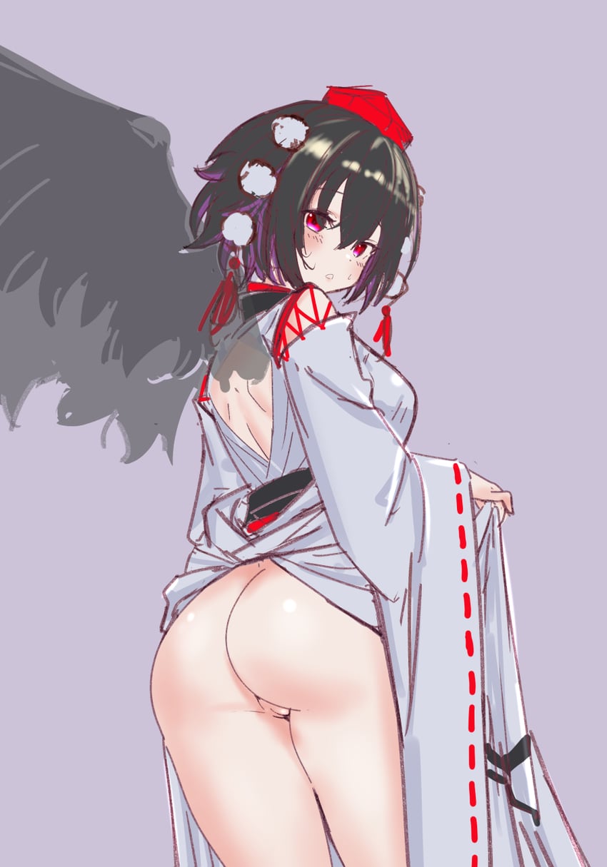 东方Project、射命丸文 1名女孩 背影 鸟翼 黑发 黑色翅膀