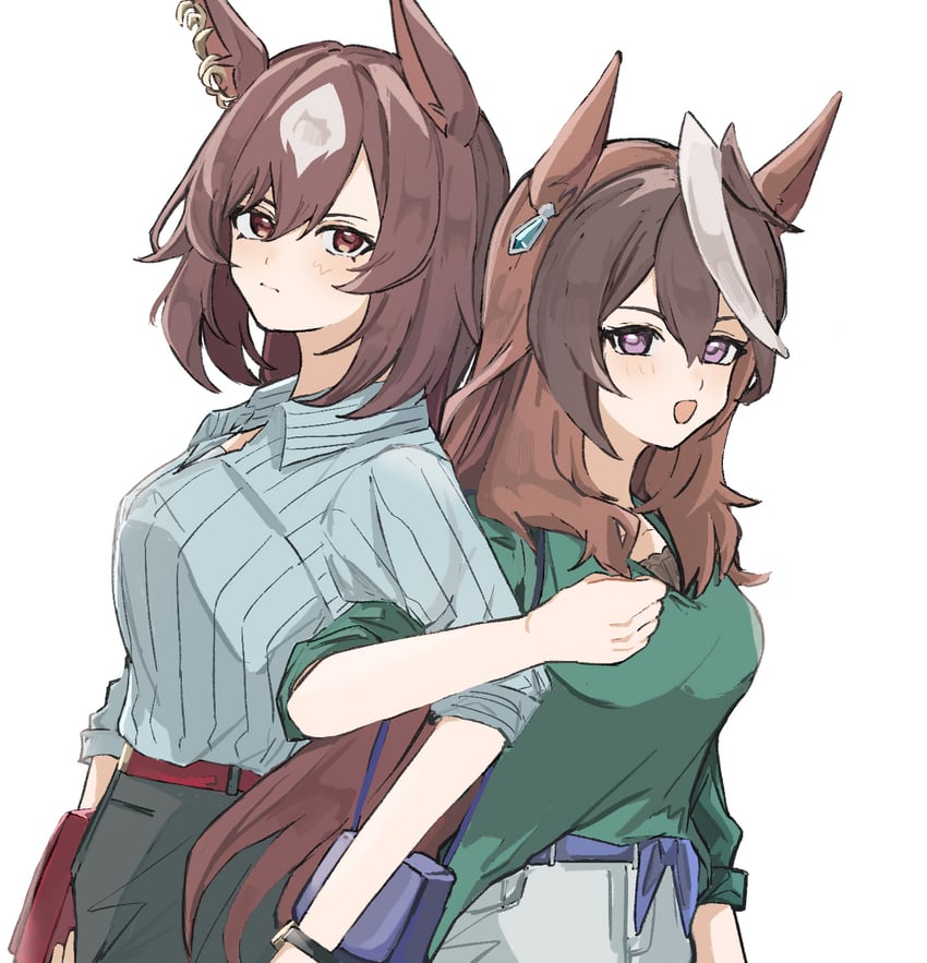 赛马娘、天狼星象征 (便装) (赛马娘)、天狼星象征(赛马娘) 2名女孩 兽耳 脸红 乳房 棕发