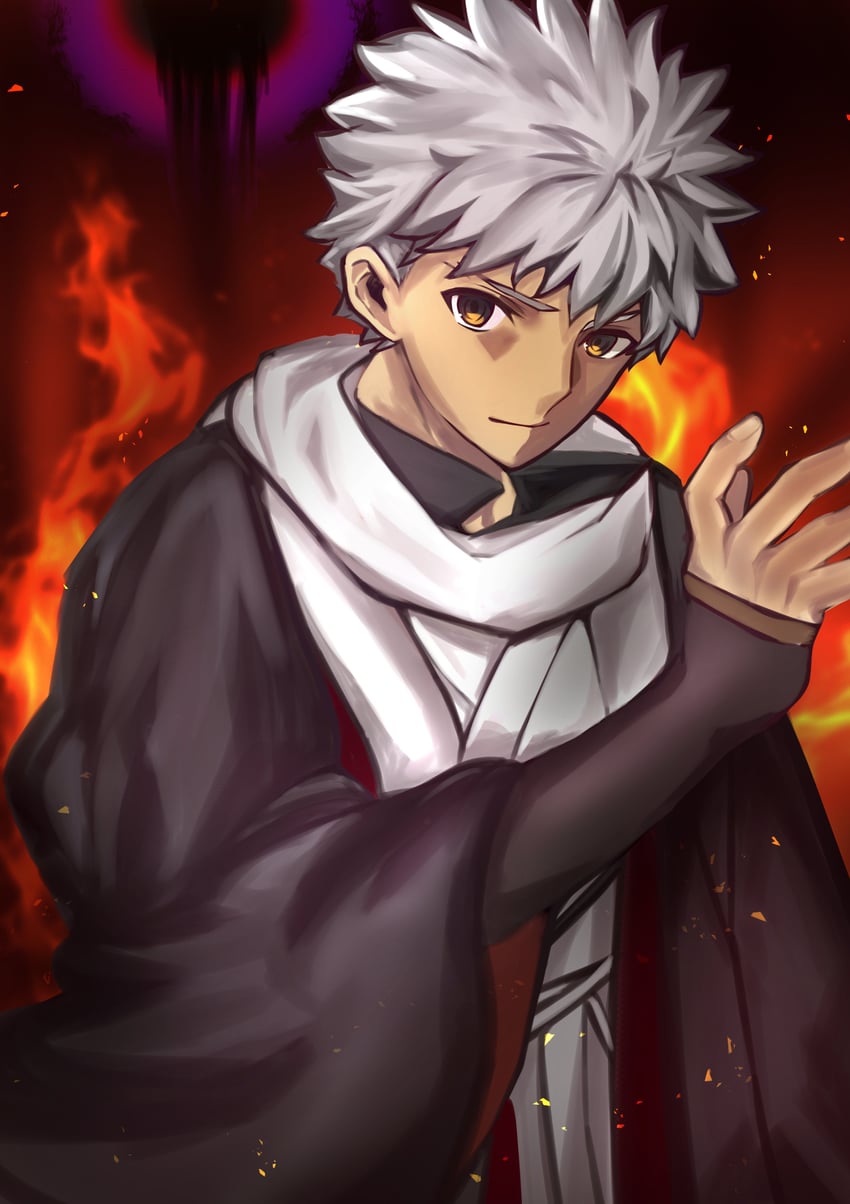 Fate/Grand Order、Fate系列、卫宫士郎 1名男孩 黑色羽织 黑色和服 深色皮肤男性 黑肉