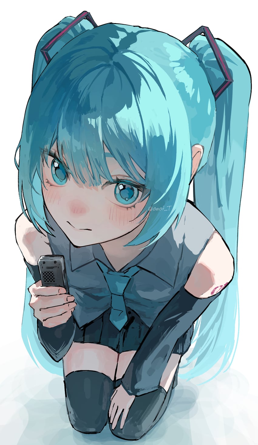 VOCALOID、初音未来 1名女孩 水色瞳 水色发 水蓝色领带 作者名