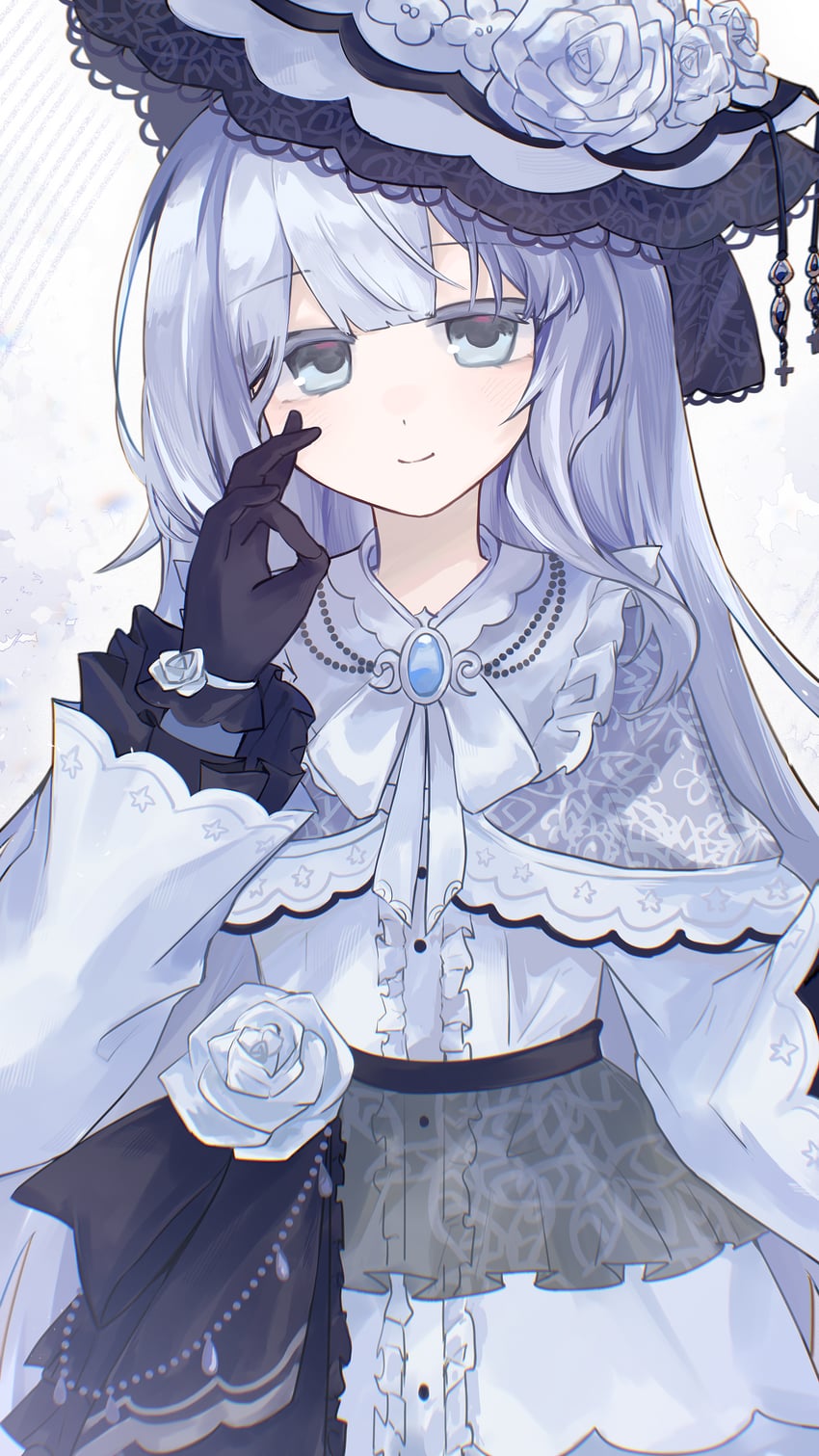 魔法少女的小镇审判、月城雪 1名女孩 黑色手套 蓝眼 胸针 中间褶边