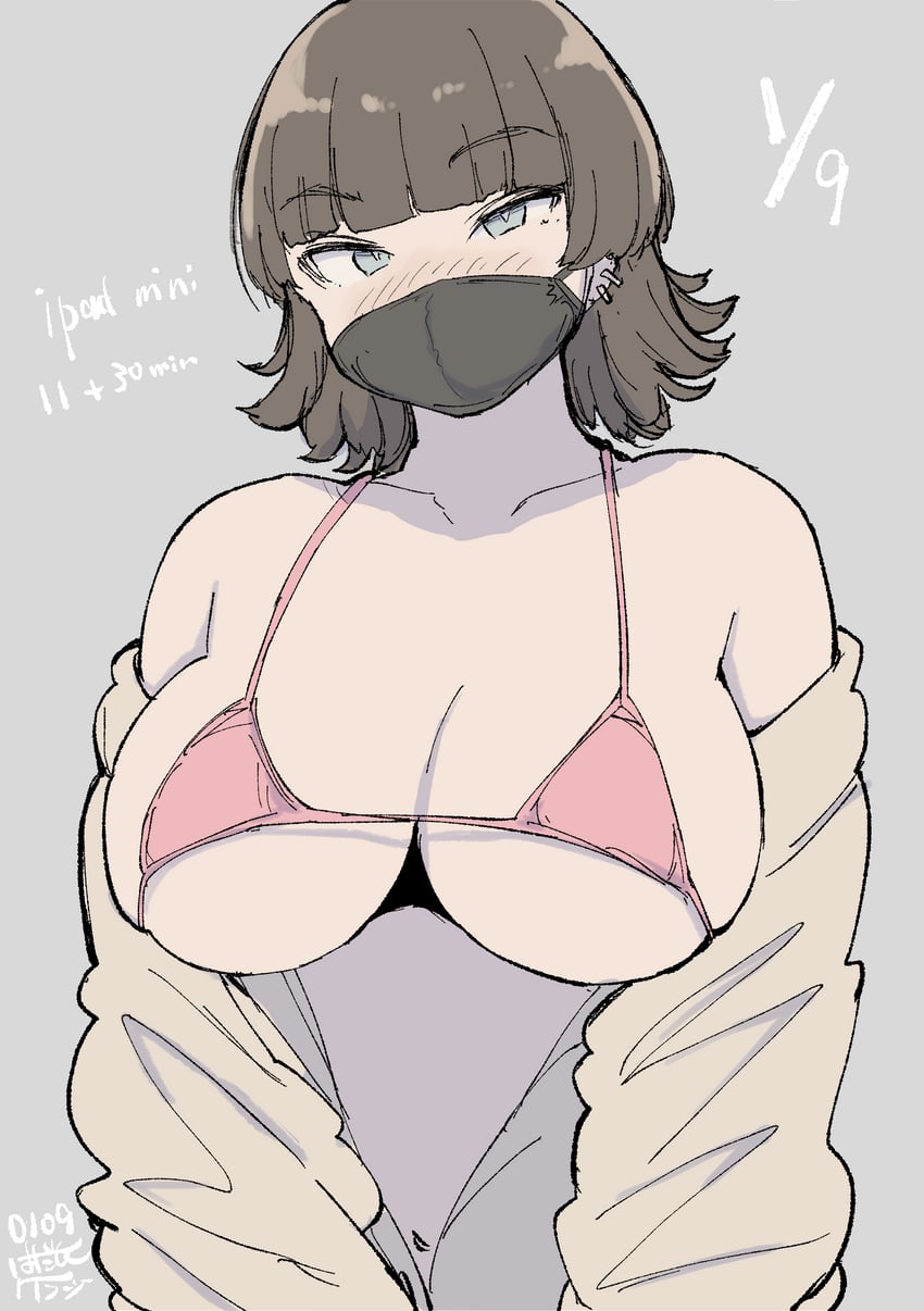 原创 1名女孩 比基尼 脸红 波波头 乳房