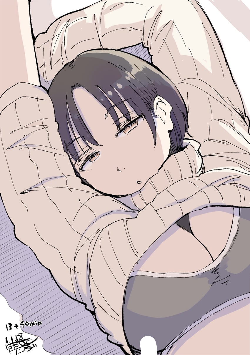 原创 1名女孩 举起双手 黑发 乳房 棕眼睛