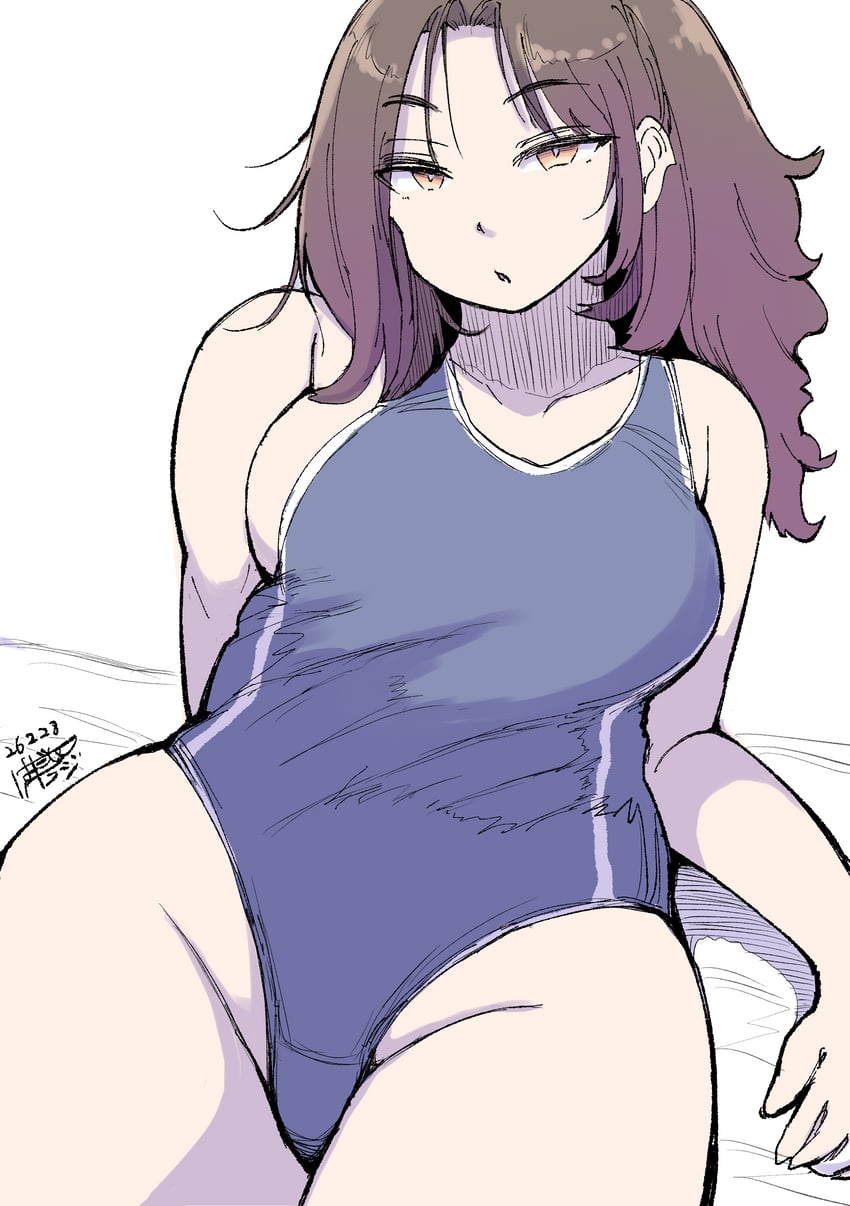 原创 1名女孩 手臂支撑 蓝色连体泳衣 乳房 棕眼睛