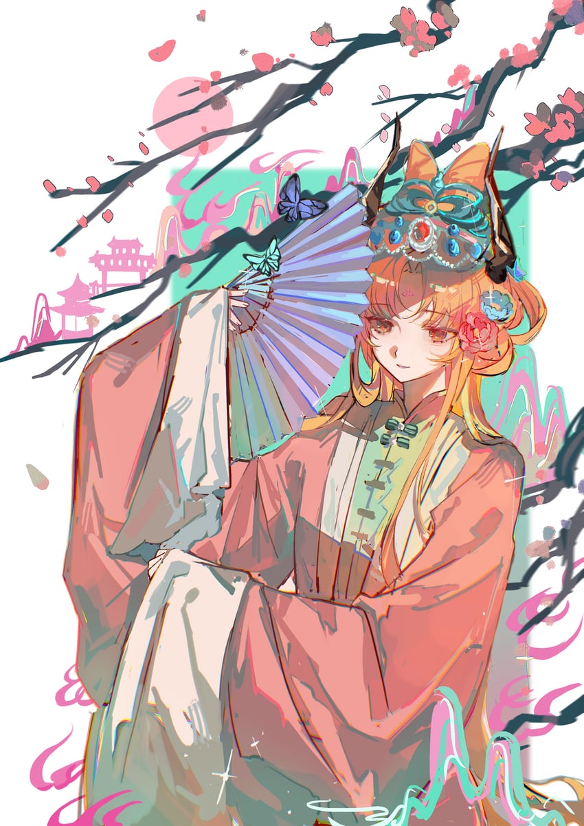 明日方舟、philae (an opera of flowers) (arknights)、菲莱（明日方舟） 1名女孩 金发 树枝 中国风服饰 火