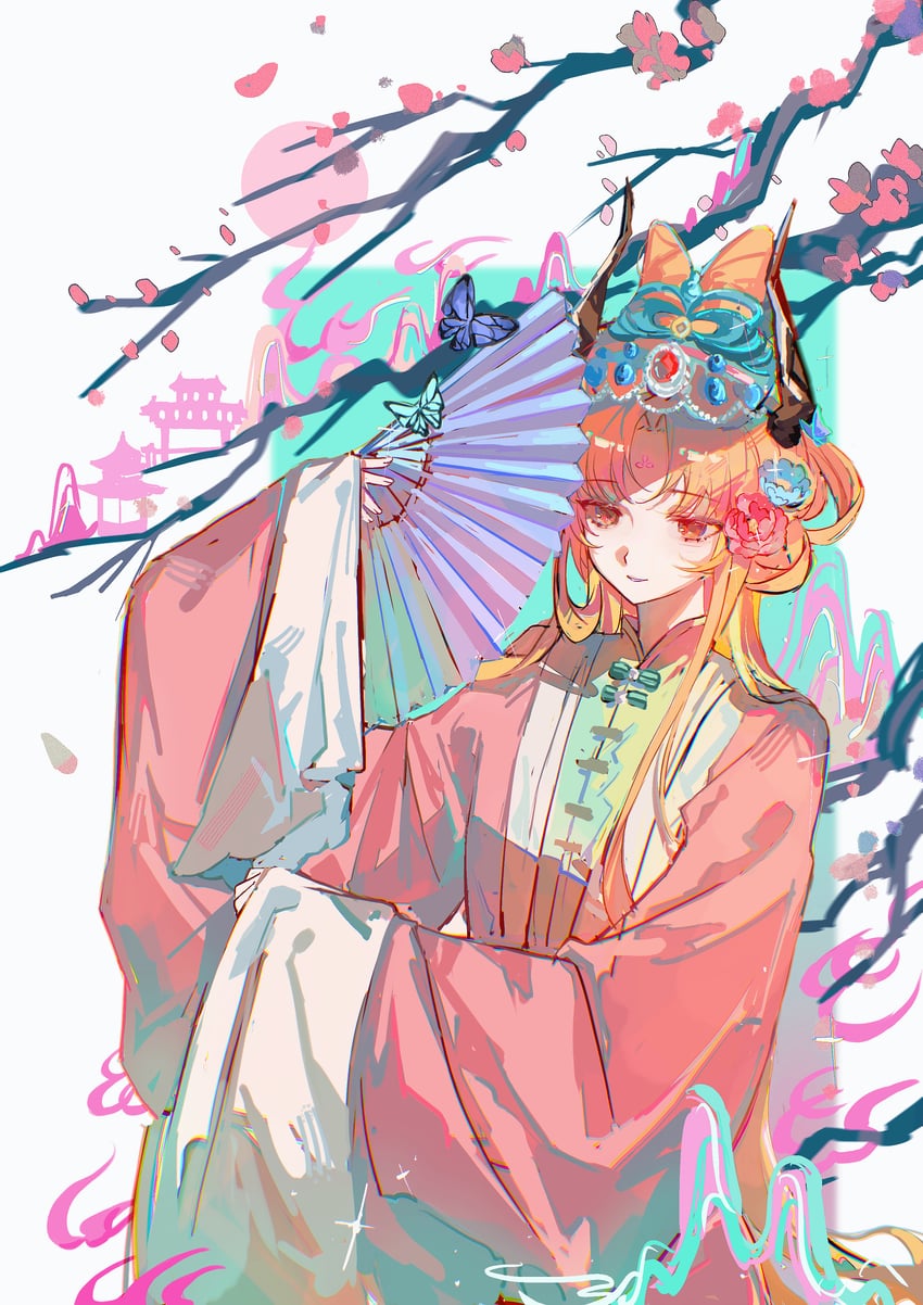 明日方舟、philae (an opera of flowers) (arknights)、菲莱（明日方舟） 1名女孩 金发 树枝 中国风服饰 火