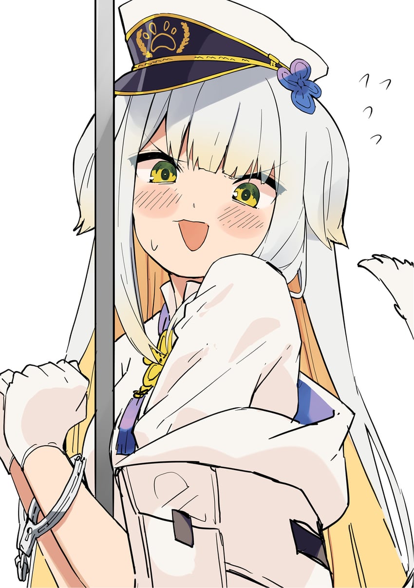 彩虹社、汐端瑠璃、栞叶琉璃 (第一套服装) 1名女孩 金发 脸红 挂耳染 戴上手铐
