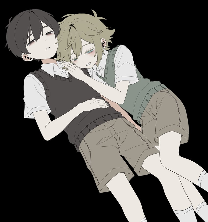 OMORI、Basil (OMORI)、Basil (OMORI) 2个男孩 呆毛 黑色背景 黑瞳 黑发