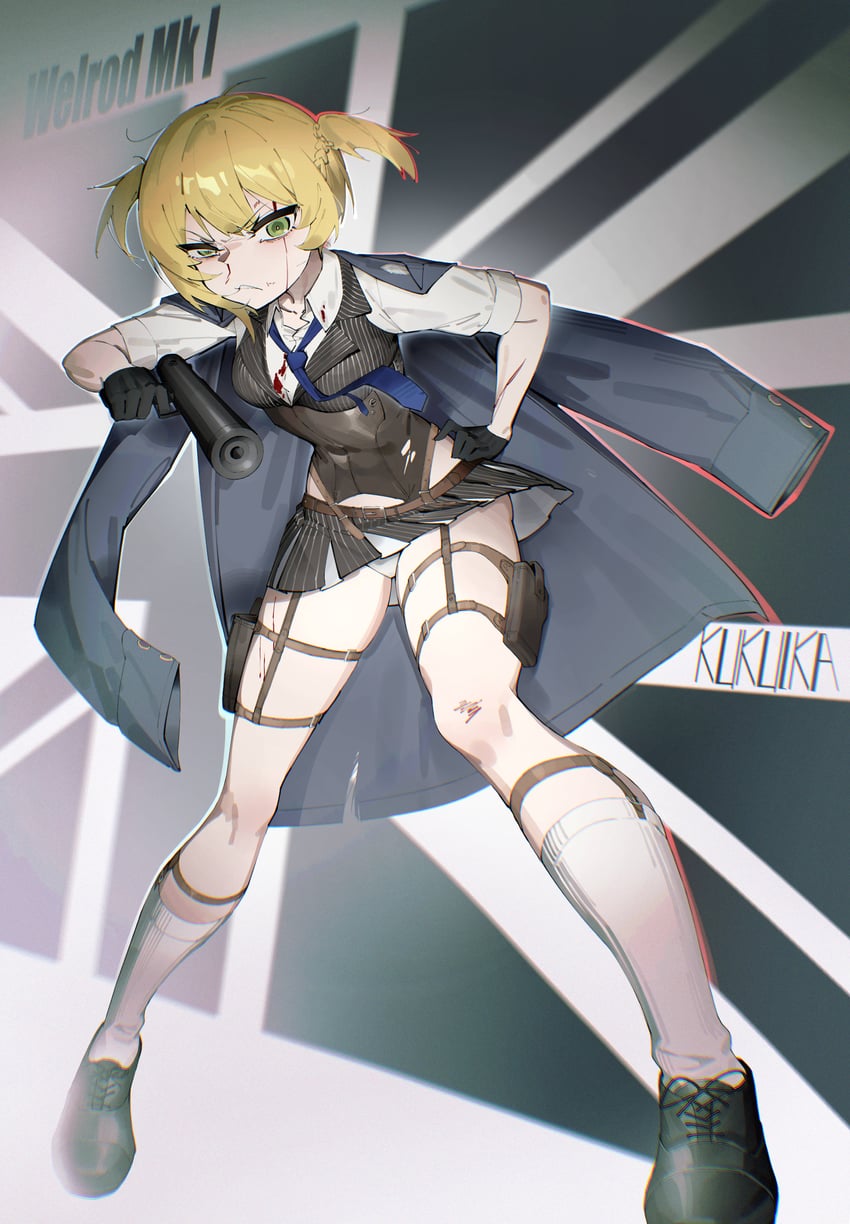 少女前线、威尔罗德 MkII (少女前线) 1名女孩 瞄准 瞄准观众 生气 黑色手套