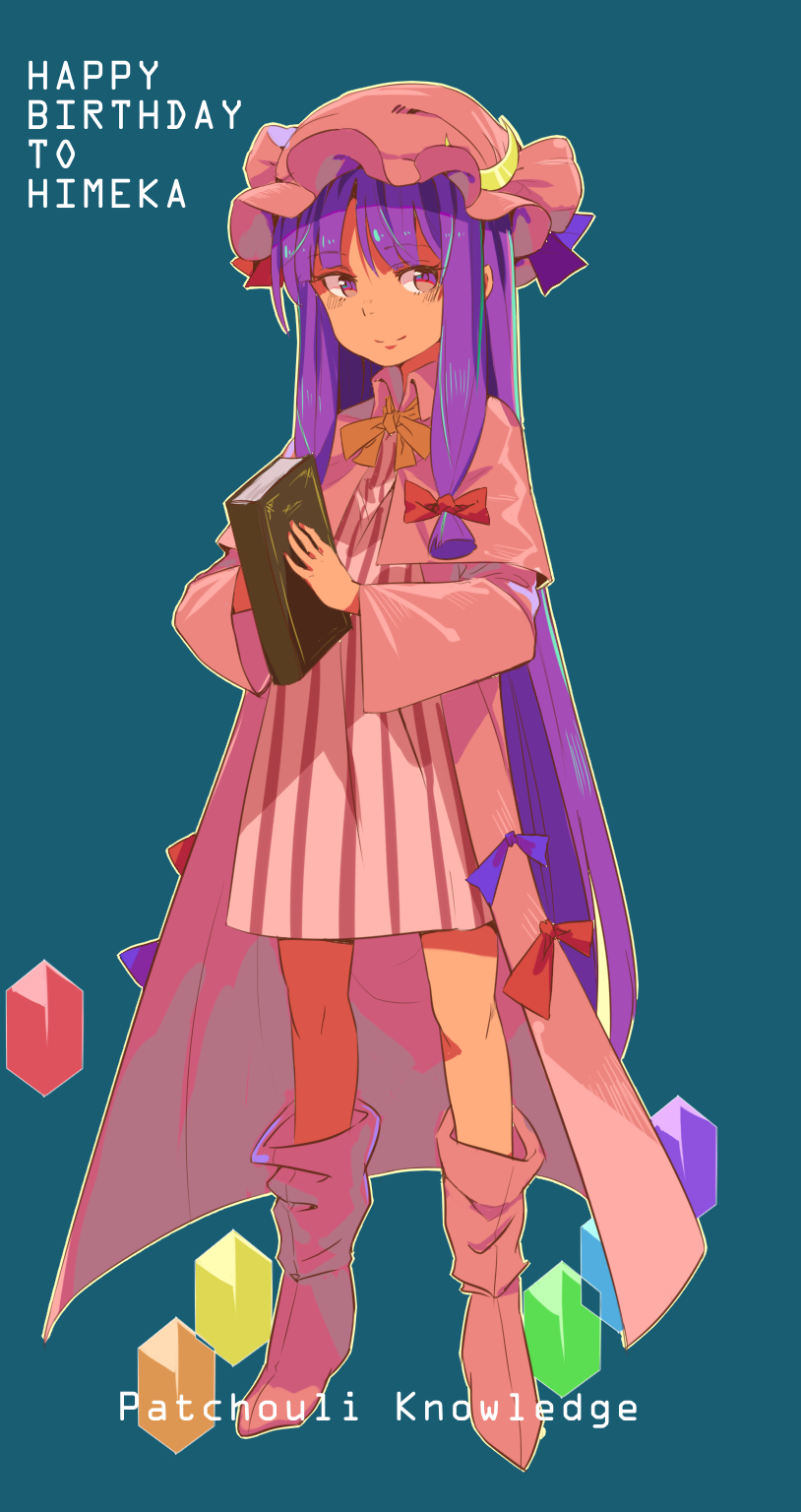 东方Project、帕秋莉·诺蕾姬 1名女孩 蓝色背景 靴子 蝴蝶结 蝶形领结