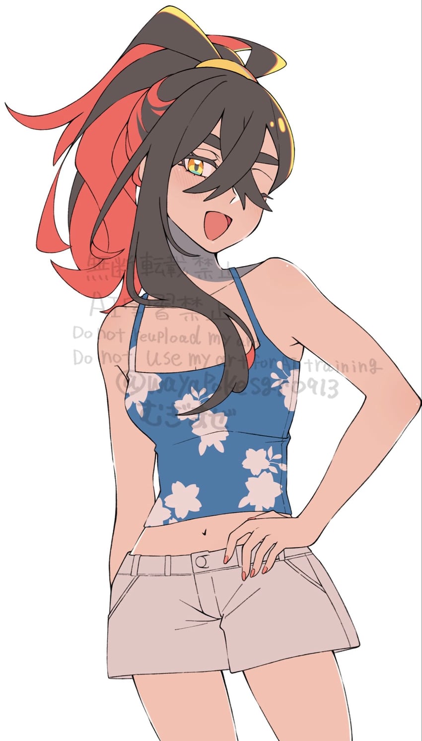 宝可梦、宝可梦 朱/紫、丹瑜(宝可梦) 1名女孩 黑发 乳房 吊带背心 挂耳染