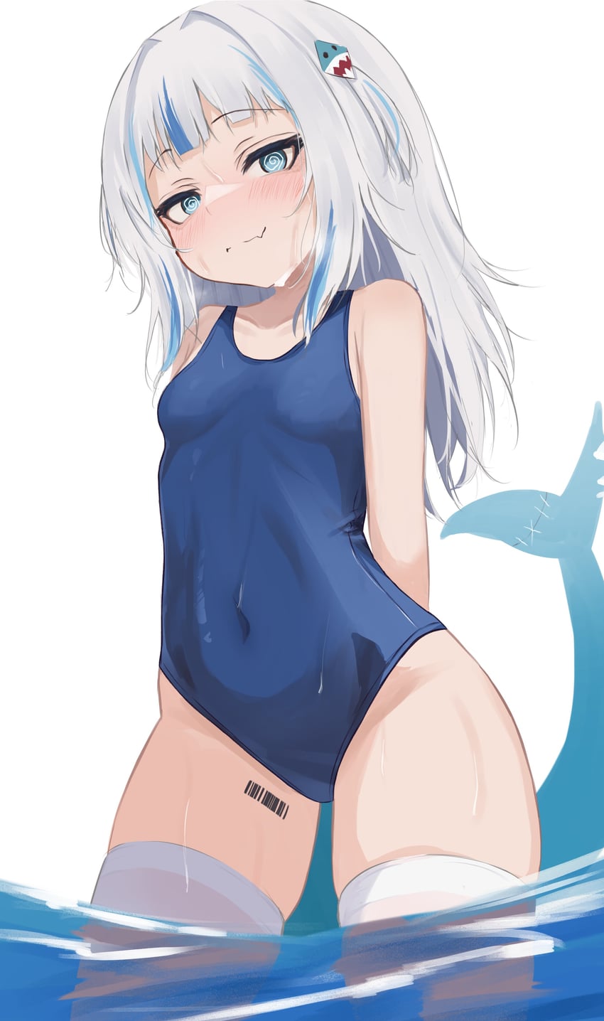 Hololive、噶呜·古拉 1名女孩 蓝眼 蓝色连体泳衣 脸红 鳍