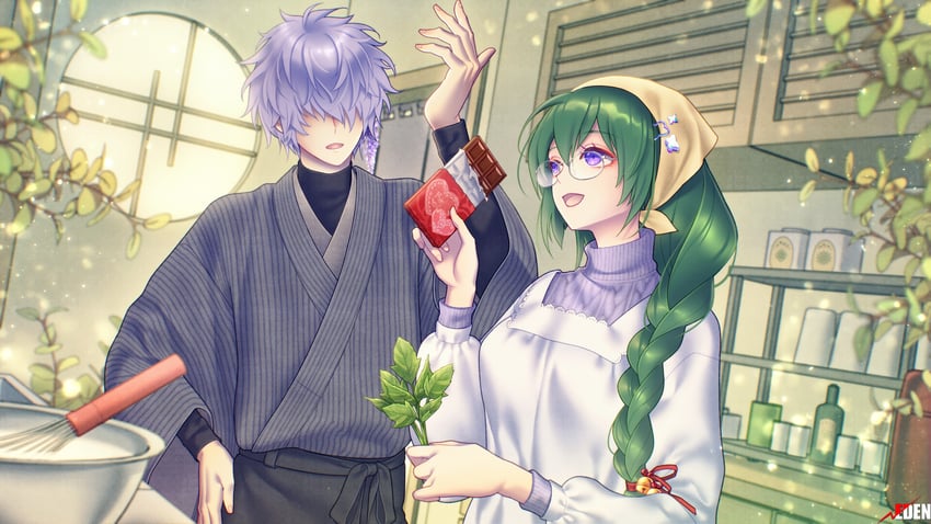 二次元插画 1名男孩 1名女孩 :D 头巾 辫子