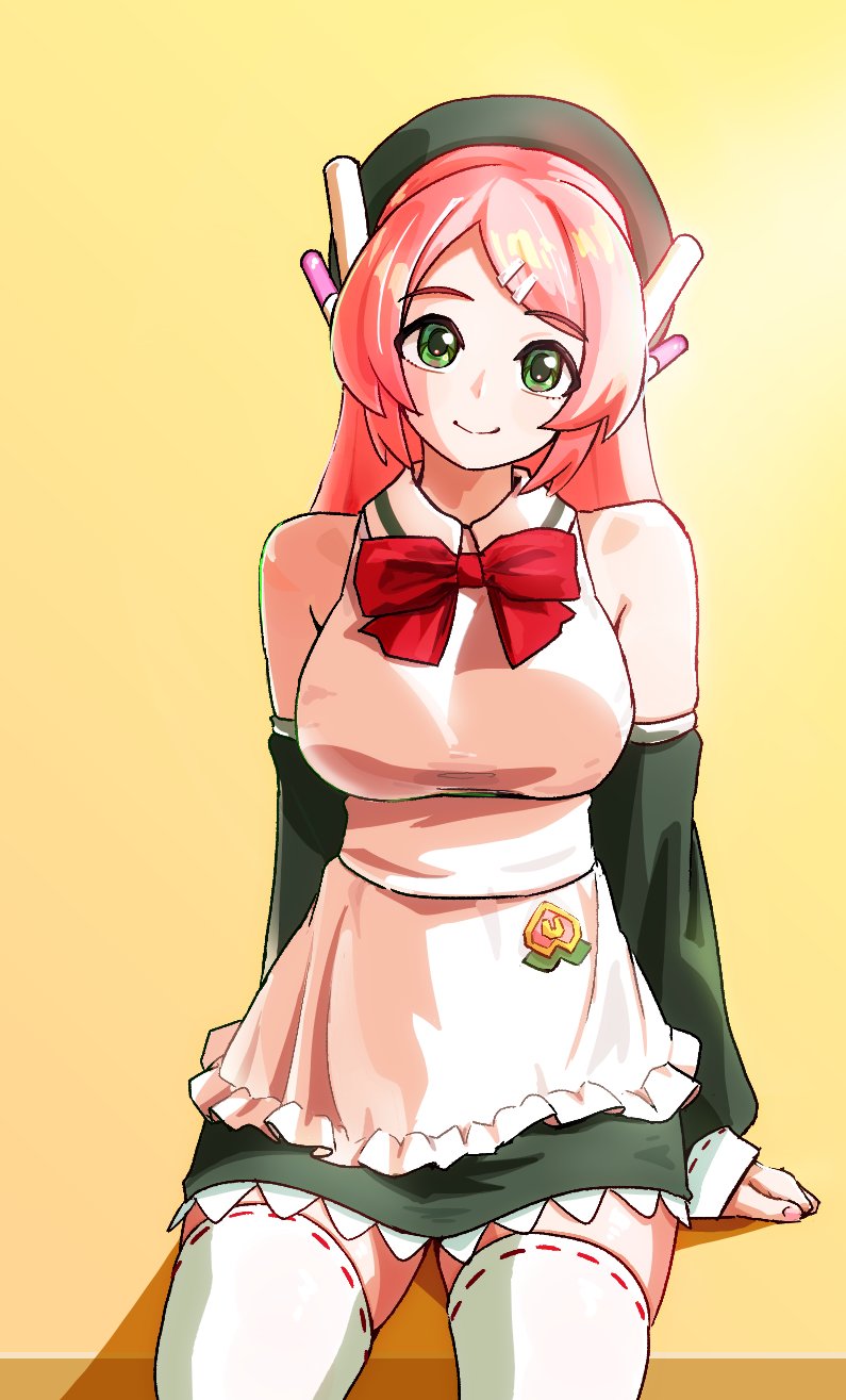 UTAU、桃音桃 1名女孩 围裙 露肩 贝雷帽 蝴蝶结
