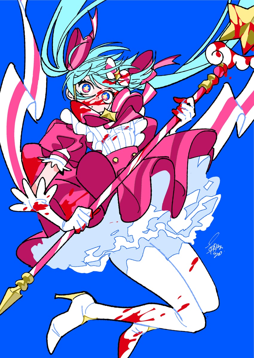 立刻轮回 (Vocaloid)、VOCALOID、初音未来 1名女孩 水色发 血 衣服上的血迹 脸上带血