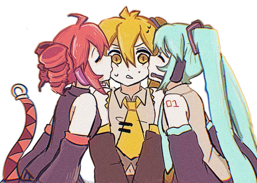 UTAU、VOCALOID、亚北音留 3人女子 呆毛 水色发 黑衬衫 金发