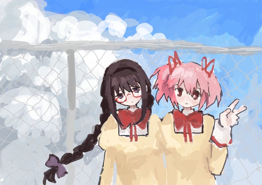 魔法少女小圆、晓美焰、鹿目圆 2名女孩 黑发 黑色发带 蝴蝶结 蝶形领结