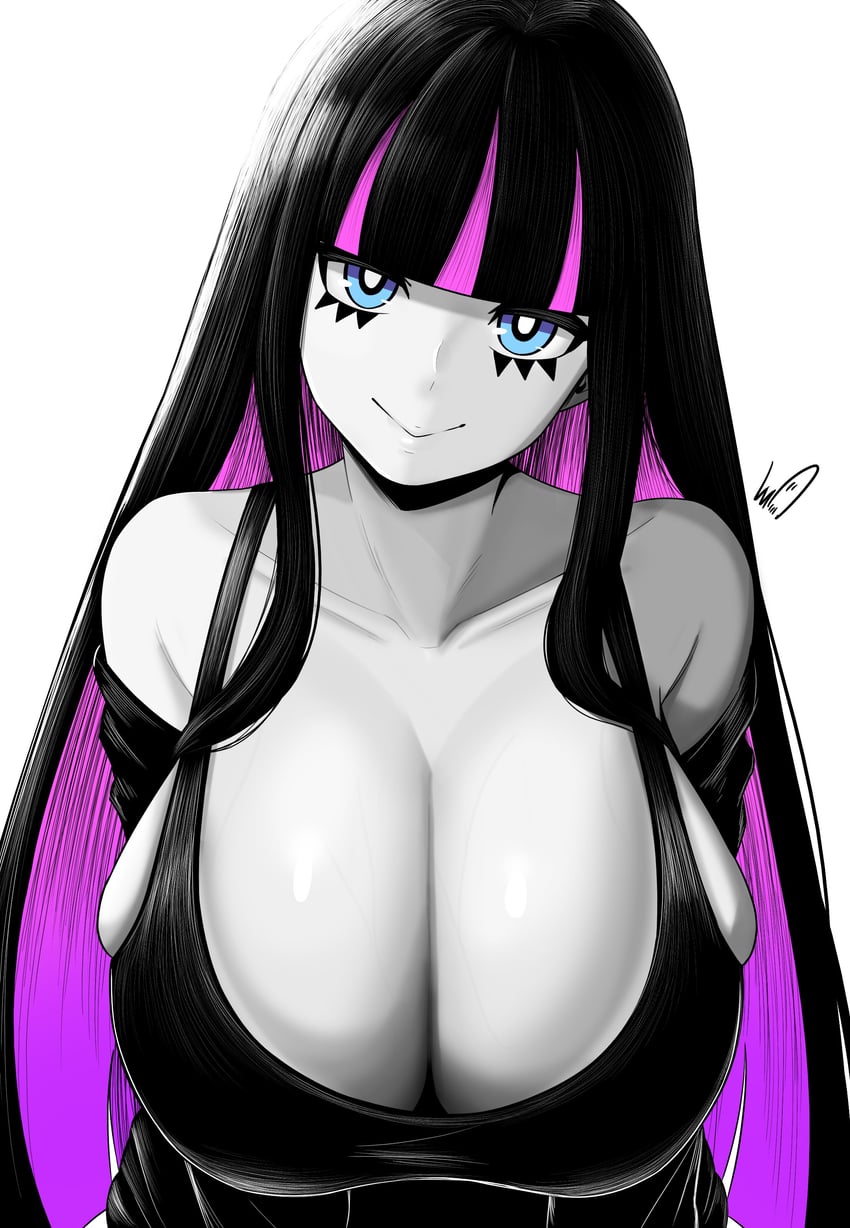 吊带袜天使、Stocking (吊带袜天使) 1名女孩 露肩 黑发 黑色背心 蓝眼