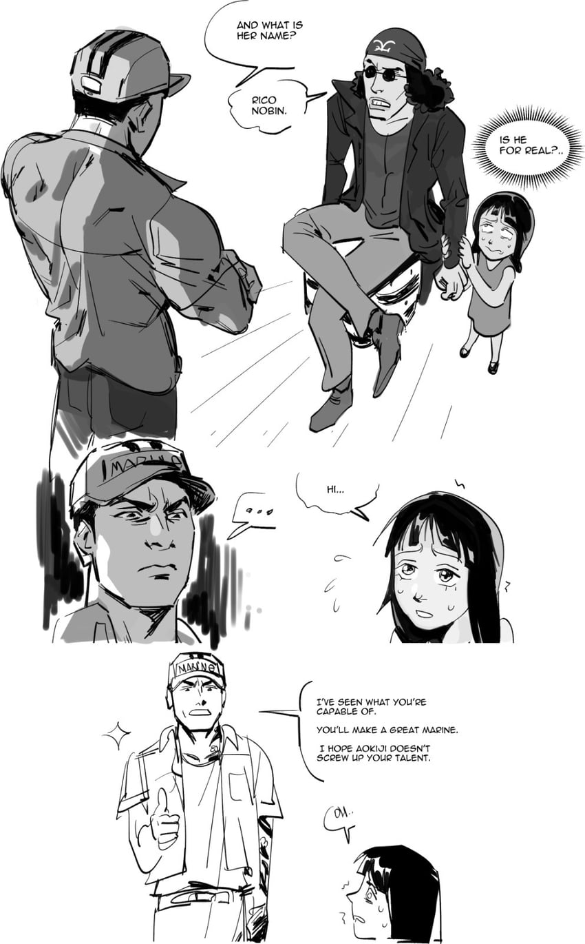 海贼王、青雉 (海贼王)、妮可·罗宾 1名女孩 2个男孩 幼化 小孩 漫画