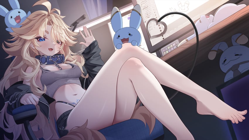 个人势虚拟主播、elwhy (vtuber) 1名女孩 动物项圈 赤脚 黑色夹克 黑色短裤
