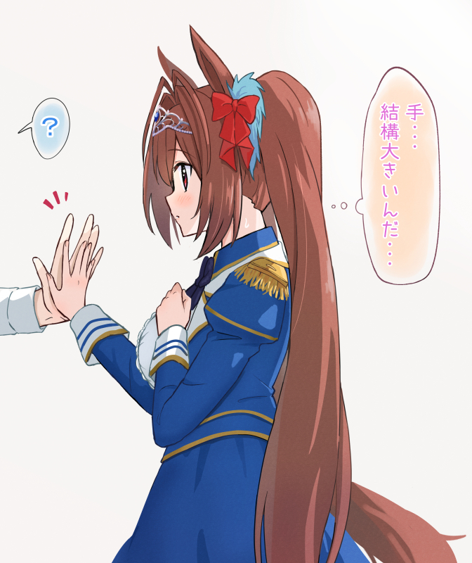 赛马娘、大和赤骥 (巅峰蓝) (赛马娘)、大和赤骥 (赛马娘) 1名女孩 问号 兽耳 棕发 灰色背景