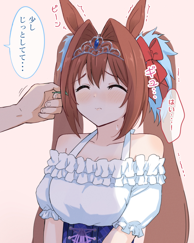 赛马娘、大和赤骥 (便装) (赛马娘)、大和赤骥 (赛马娘) 1名女孩 兽耳 乳房 棕发 休闲装