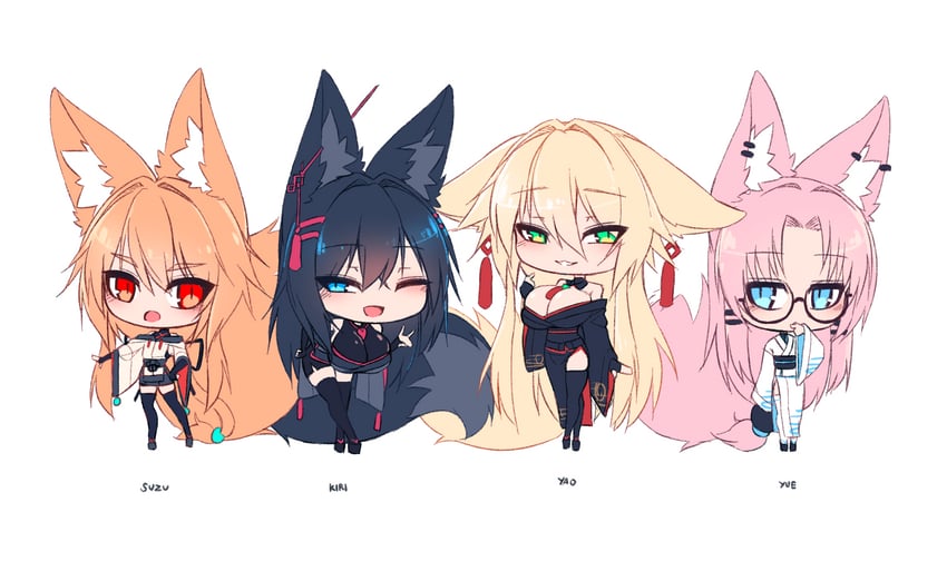 原创、blonde fox girl (sub-res)、雾 (Sub-res) 4个女孩 兽耳毛 兽耳 露肩 弯腰