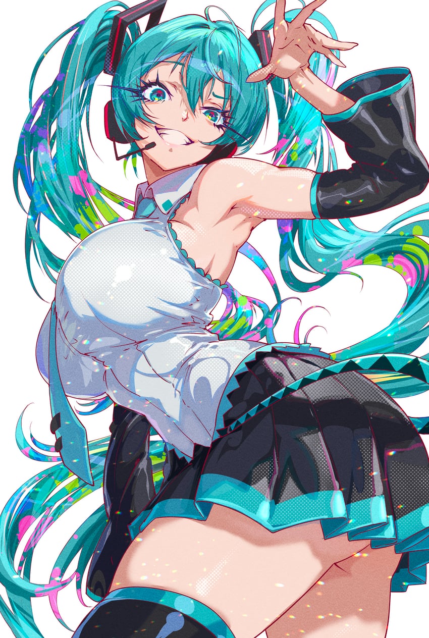VOCALOID、初音未来 1名女孩 水色瞳 水色发 水蓝色领带 举手