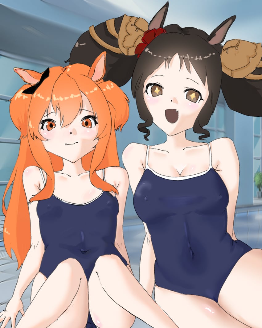 赛马娘、美妙周日 (赛马娘)、摩耶重炮 (赛马娘) 2名女孩 兽耳 露肩 蓝色连体泳衣 蝴蝶结