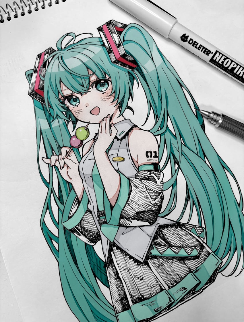 VOCALOID、初音未来 1名女孩 水色瞳 水色发 水蓝色领带 脸红