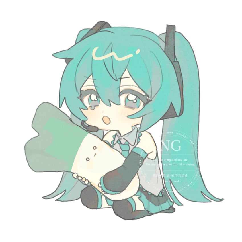 VOCALOID、初音未来 1名女孩 惊讶 水色瞳 水色发 水蓝色领带