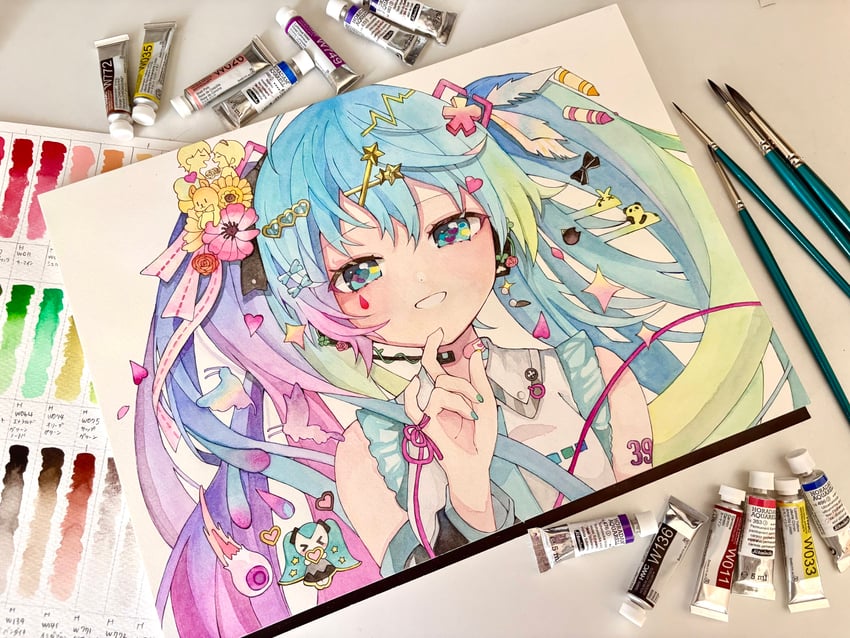 爱的言语 V (Vocaloid)、暗号、VOCALOID 1名女孩 摇滚手势 水色瞳 水色发 水蓝色领带