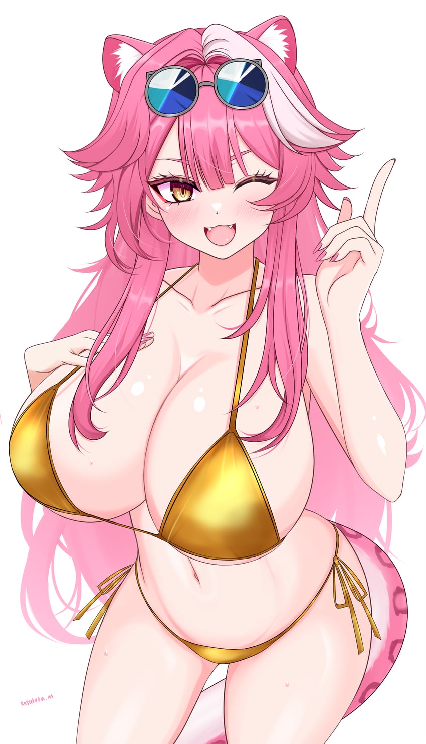 Hololive、Hololive英语、Raora Panthera (Hololive) 1名女孩 兽耳 露肩 比基尼 脸红