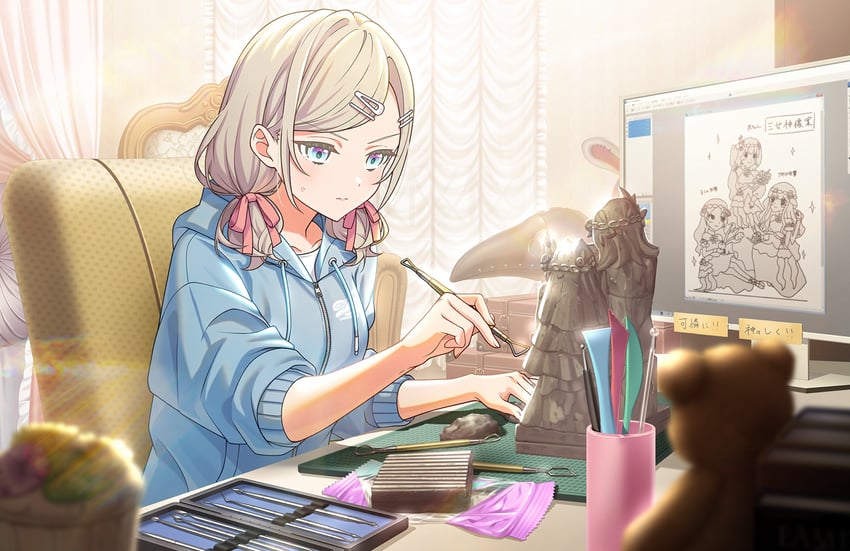 Love Live!、Love Live! 莲之空女学院学园偶像部、赛拉斯·柳田·利琳费尔德 1名女孩 蓝眼 蓝色连帽衫 椅子 锁骨