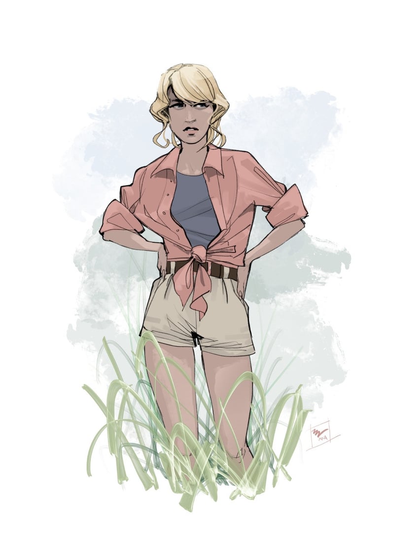侏罗纪公园、ellie sattler (jurassic park) 1名女孩 腰带 金发 蓝色背心 乳房
