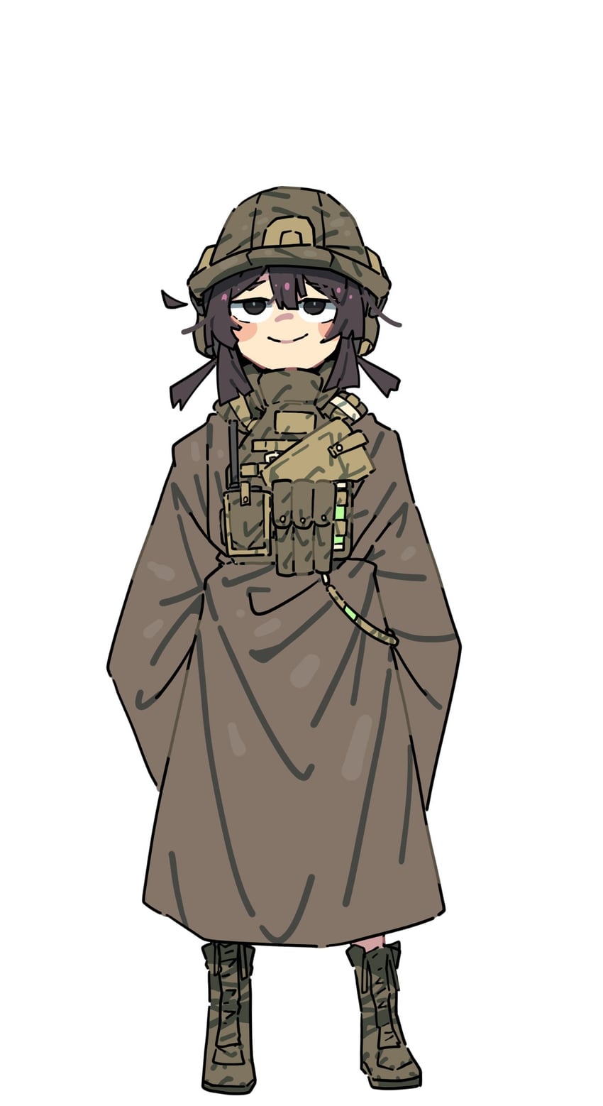 二次元插画 1名女孩 弹药袋 靴子 棕眼睛 棕发