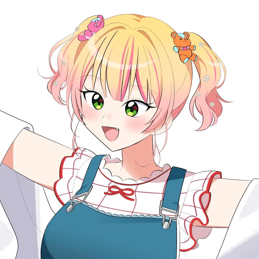 Hololive、桃铃音音、桃铃音音 (第7套服装) 1名女孩 发型长度变动 (更短) 熊发饰 金发 脸红