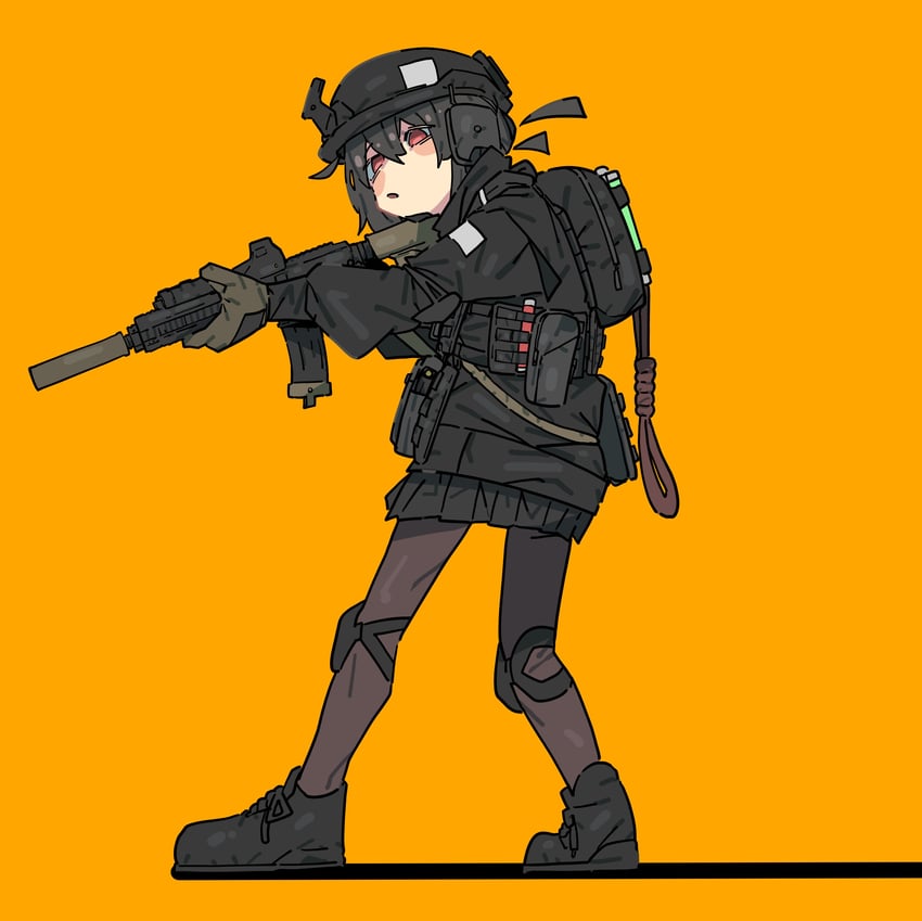 原创 1名女孩 突击步枪 背包 包 黑发