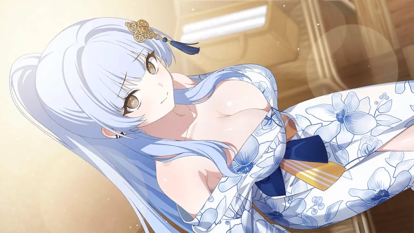 Muv-Luv、Muv-Luv Girls Garden、朱莉娅·巴恩斯 1名女孩 露肩 浴衣 蓝发 蓝色和服