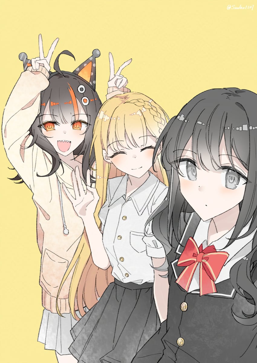 魔法少女的小镇审判、黑部奈乃花、佐佐木米莉亚 3人女子 呆毛 兽耳耳机 兽耳 作者名