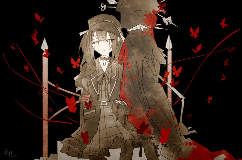 魔法少女的小镇审判、黑部奈乃花、惨状 (魔法少女的魔女审判) 弹药袋 手臂带 黑色背景 黑色项圈 黑色大衣