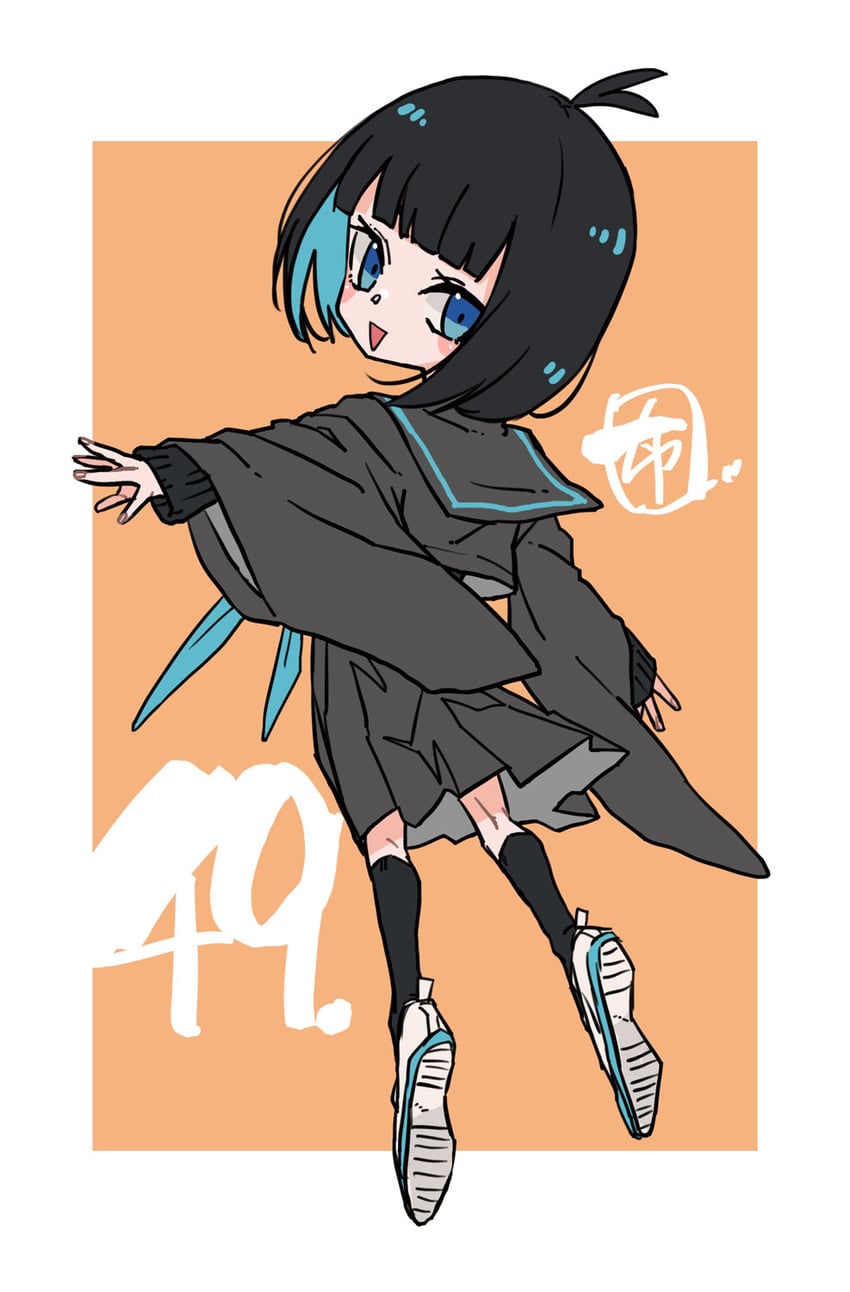 原创 1名女孩 黑发 黑色水手服 蓝眼 蓝发