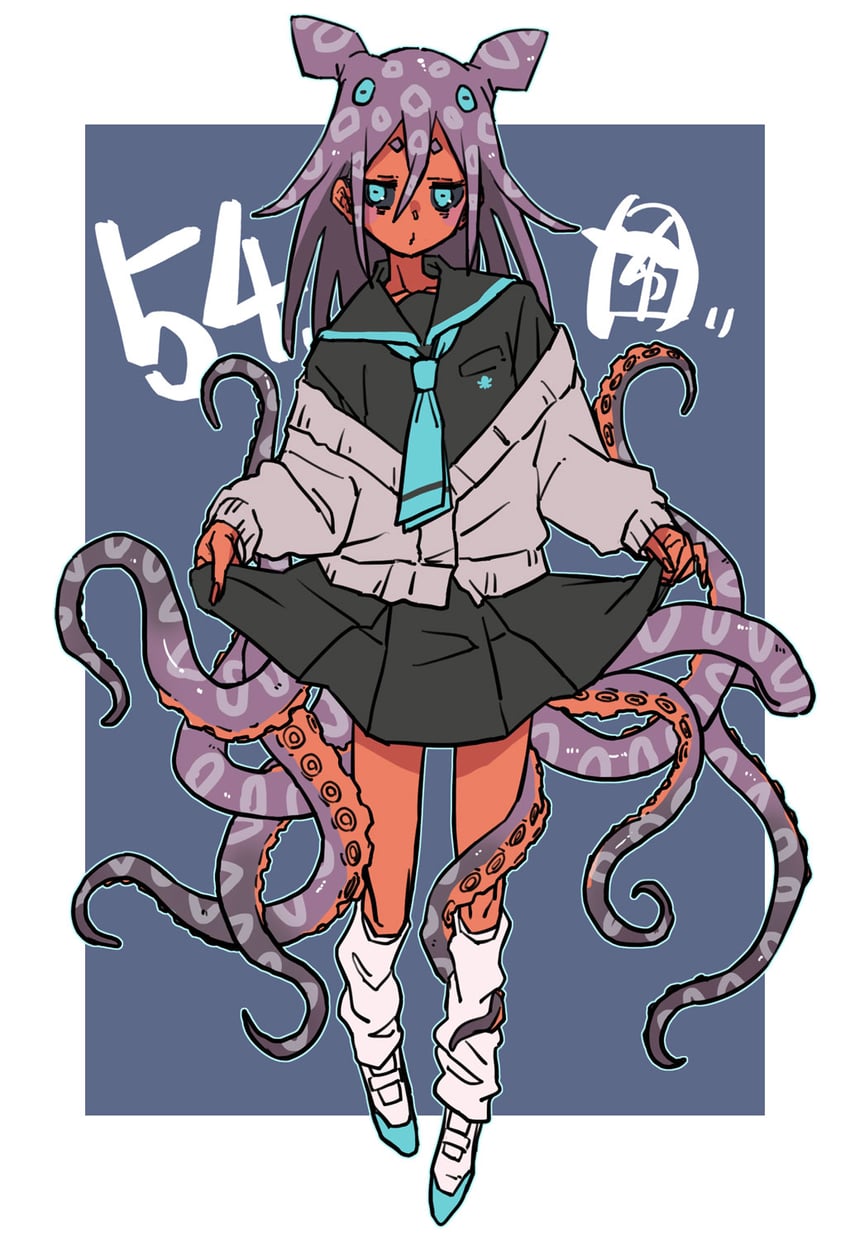 原创 1名女孩 黑色巩膜 黑色水手服 蓝色背景 蓝眼