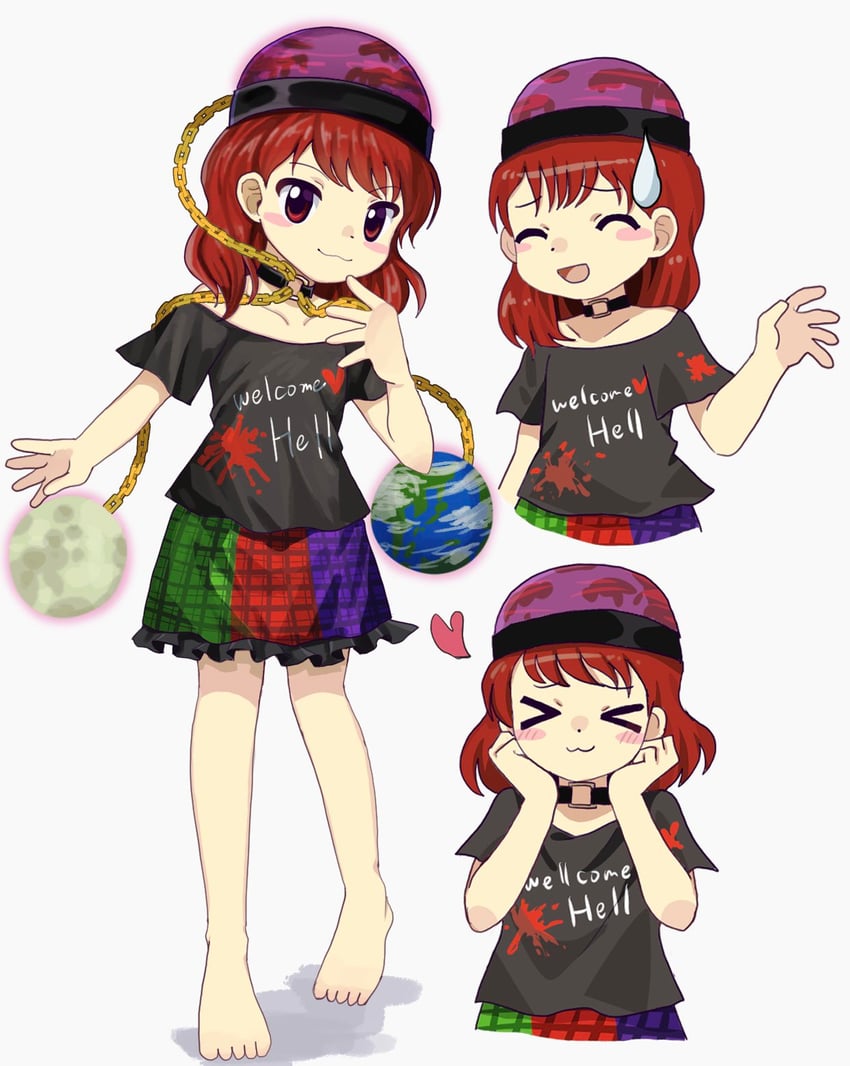 东方Project、赫卡提亚·拉碧斯拉祖利 1名女孩 猫脸笑 闭眼挤眼 露肩 赤脚