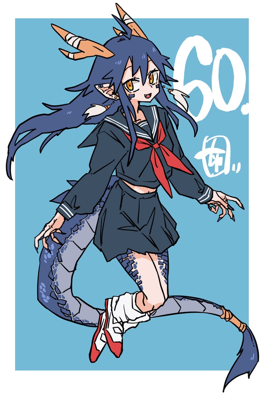 原创 1名女孩 蓝色背景 蓝发 蓝色鳞片 蓝色水手服
