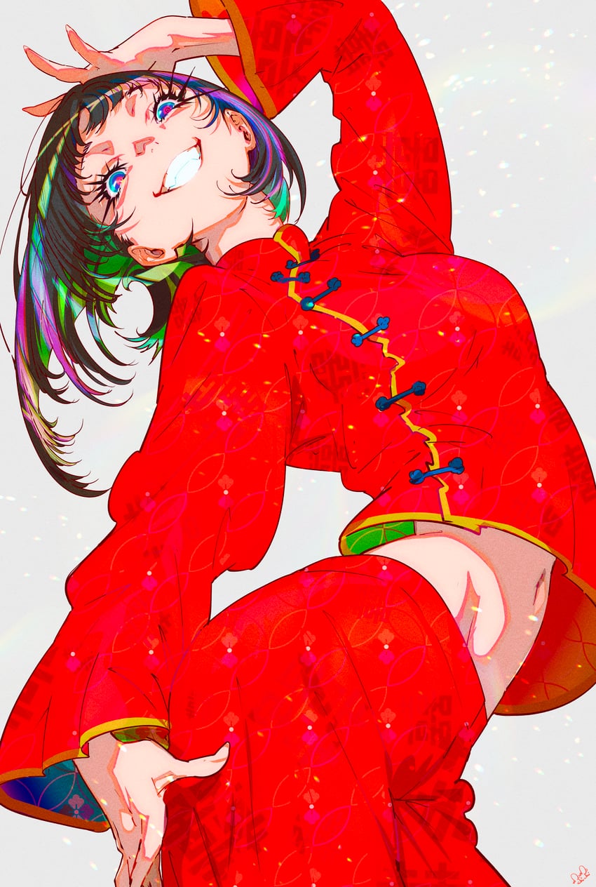 二次元插画 1名女孩 旗袍 中国风服饰 挂耳染 连衣裙